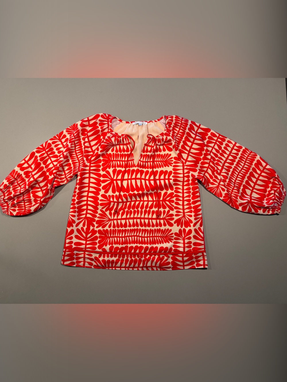 Joy Joy Red and Cream Leaf-Print Tie-Neck Blouse
